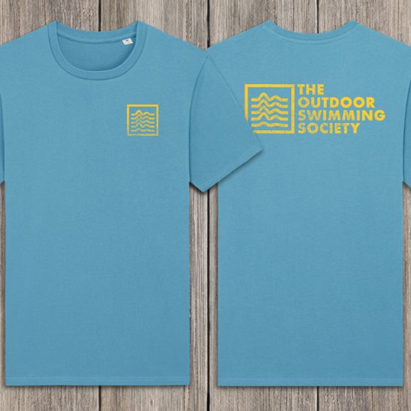 blue unisex tee front and back view with small yellow waves logo on front breast and large logo with The Outdoor Swimming Society on the back