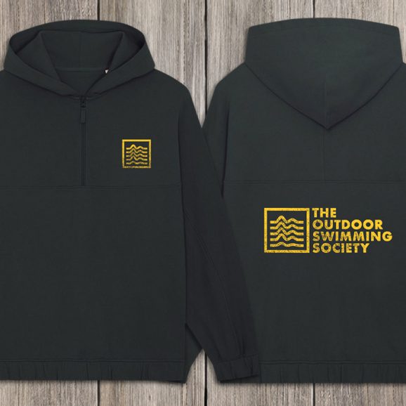 black oversized hoodie front and back view with small yellow waves logo on front breast and large logo with The Outdoor Swimming Society on the back