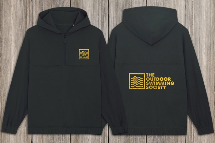 black oversized hoodie front and back view with small yellow waves logo on front breast and large logo with The Outdoor Swimming Society on the back