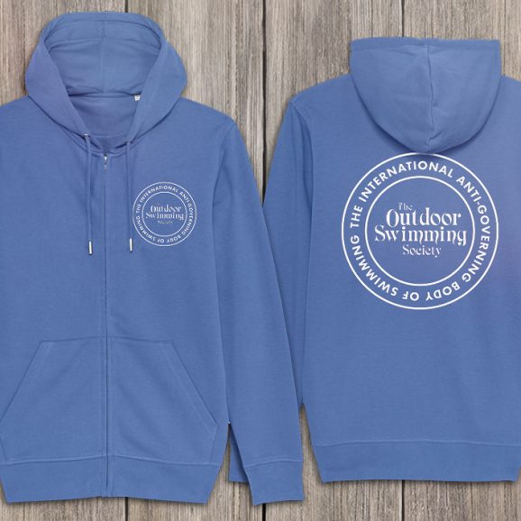 blue unisex hoodie front and back view with small white oss logo on front breast and large white oss logo on the back