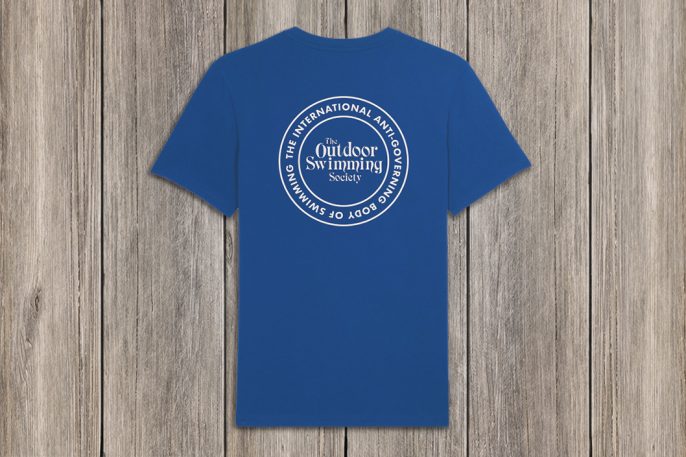 blue unisex tee back view with large white oss logo on the back