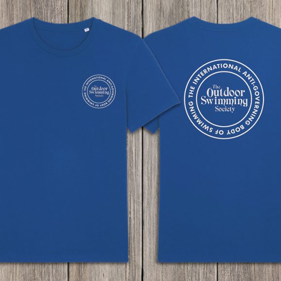 blue unisex tee front and back view with small white oss logo on front breast and large white oss logo on the back