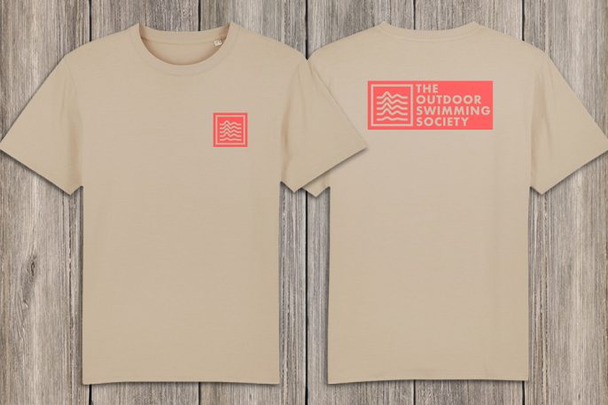 desert unisex tee front and back view with small coral waves logo on front breast and large logo with The Outdoor Swimming Society on the back