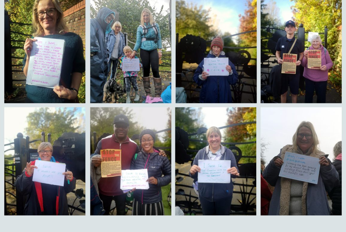 A montage of 8 photos of swimmers of all ages holding handwritten cards saying how and why they swim or use the lake, some with No Fence leaflets