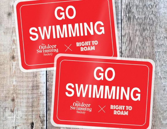 Two red Go Swimming stickers on a wood background