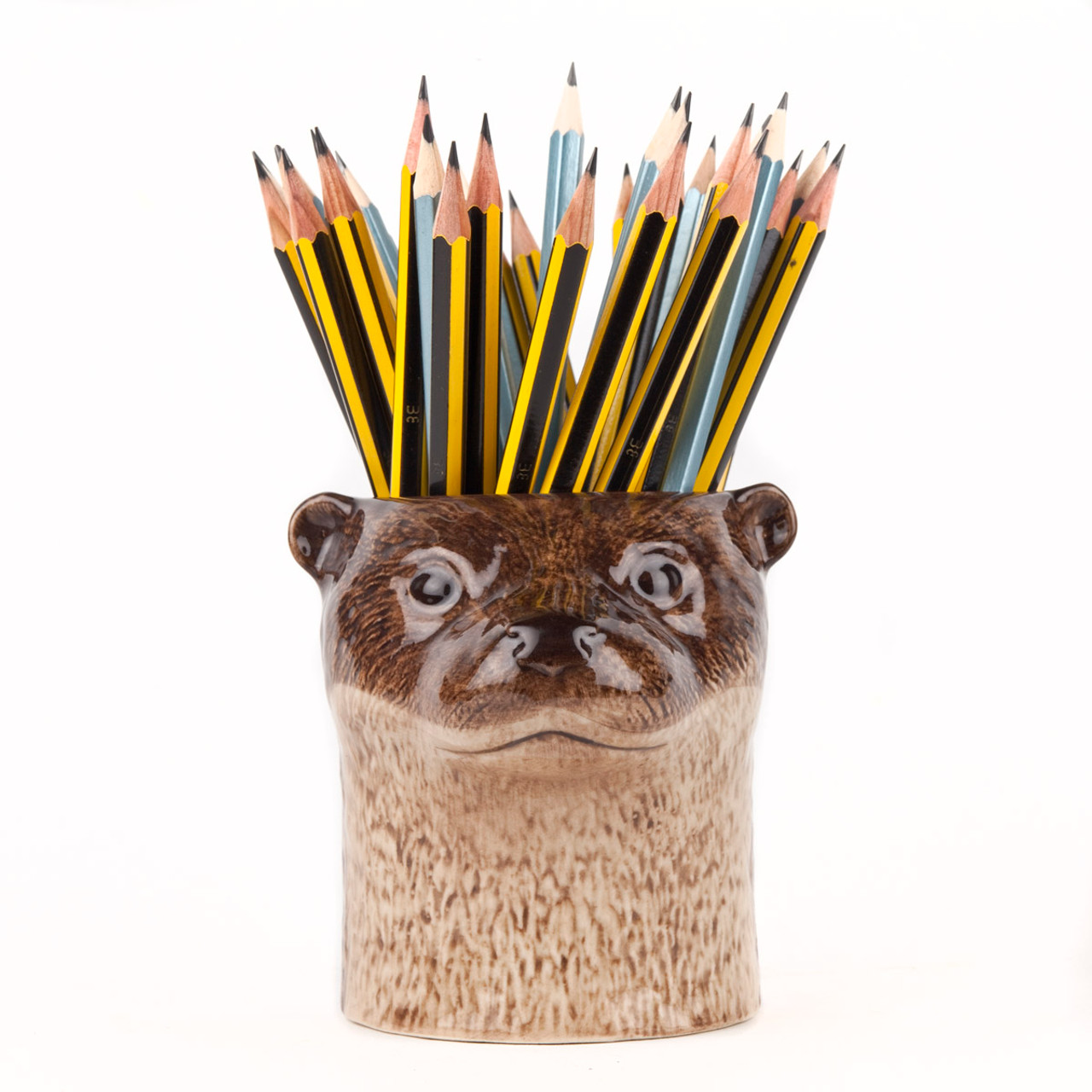 front view of an otter head pot holding pencils