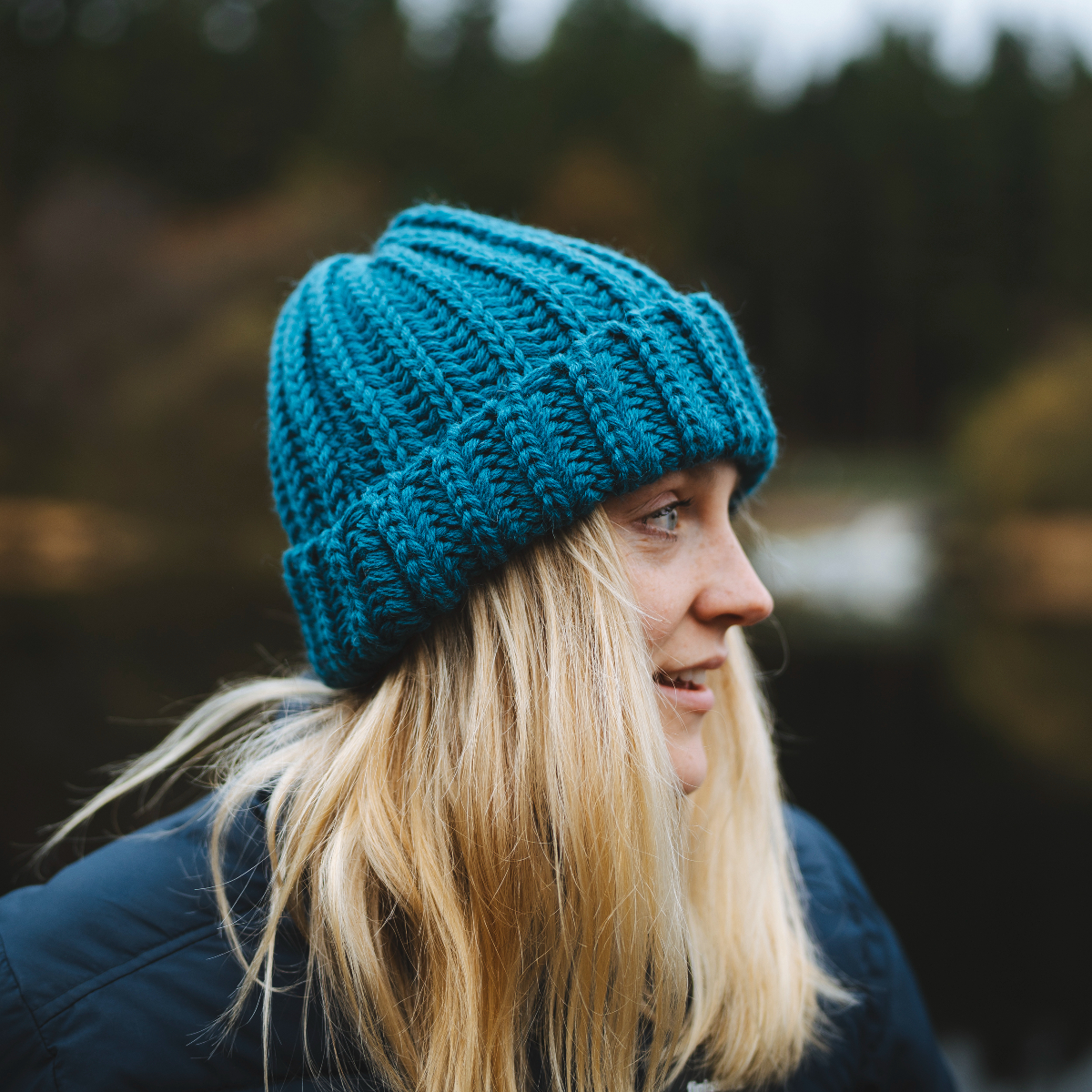 blue chunky wool beanie